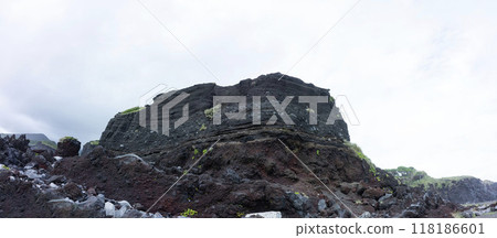 由火山灰構成的黑色懸崖、伊豆大島的火山灰地層、海岸線上的巨大凸起岩石 由火山灰構成的黑色懸崖、伊豆大島的火山灰地層、海岸線上的巨大凸起岩石 118186601