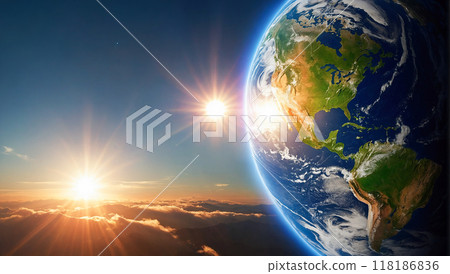 The Earth illuminated by the sun, resting on a rocky surface above the clouds. The Earth illuminated by the sun, resting on a rocky surface above the clouds. 118186836