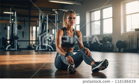 Woman sitting on the gym floor, taking a break, looking relaxed but focused. Woman sitting on the gym floor, taking a break, looking relaxed but focused. 118186839