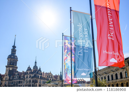 Promotive banners in front of the Semperoper opera house and concert hall in the historic centre of Dresden, Germany 118186908