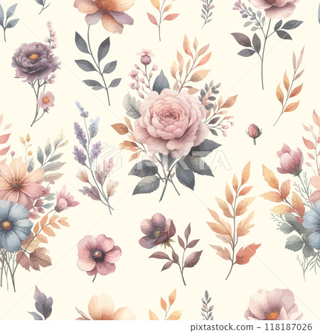 Vector floral seamless pattern with wild flowers, herbs and grasses. Vector floral seamless pattern with wild flowers, herbs and grasses. 118187026