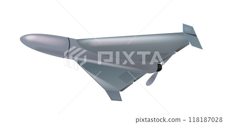 Shahed combat drone flying isolated on white background. Shahed 136 drone kamikaze. UAV geranium-2 118187028