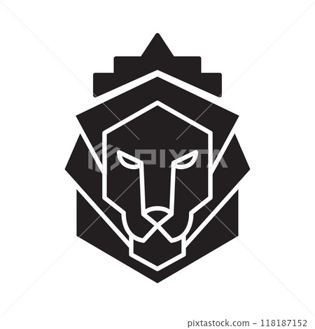 Lion head with a crown shield logo silhouette design. Crest vector icon. Luxury brand element for business project. Concept stability and protect your investments isolated on white background Lion head with a crown shield logo silhouette design. Crest vector icon. Luxury brand element for business project. Concept stability and protect your investments isolated on white background 118187152