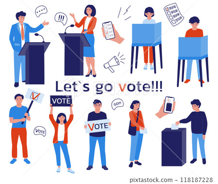 Various voting elements: debates, people protesting, filling out ballots in the voting booth, throwing into the ballot box, voting online. The right to vote. Vector illustration in the flat style. 118187228