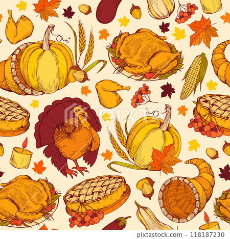 Thanksgiving Harvest Vector Seamless Pattern, Traditional Pumpkins and Dishes. Autumn Holiday Celebration Wallpaper. Fall Season Colorful Hand-Drawn Natural Vegetables. Turkey, Cornucopia, Apple Pie 118187230