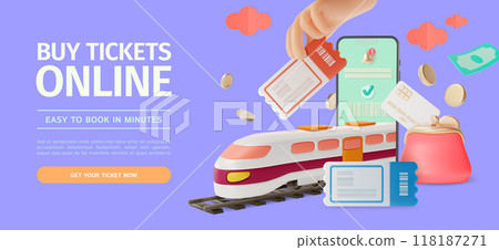 3d Buy Train Tickets Online Travel and Tourism Concept Ads Banner Poster Card. Vector illustration of Mobile Phone 118187271