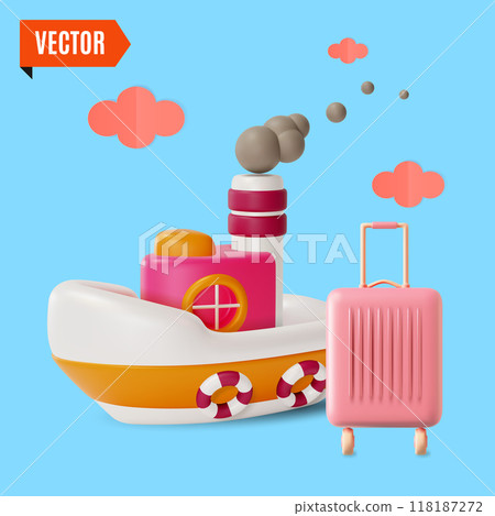 3d Travel and Tourism Concept Cartoon Design Style. Vector illustration of Ship Boat and Pink Suitcase 118187272