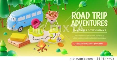 3d Road Trip Adventure Travel and Tourism Concept Ads Banner Poster Card. Vector illustration of Camper Van 118187293