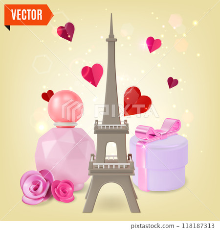 3d France Shopping Travel and Tourism Concept Cartoon Design Style. Vector illustration of Eiffel Tower and Perfume Bottle with Pink Rose 118187313