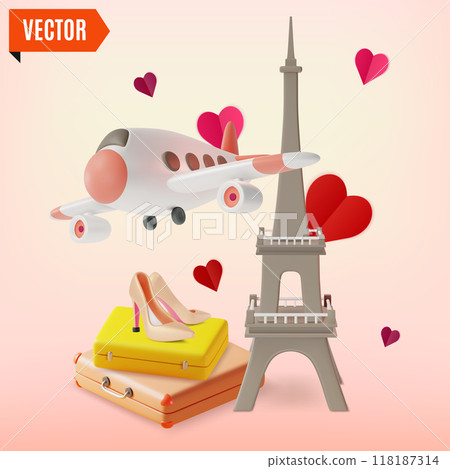 3d France Shopping Travel and Tourism Concept Cartoon Design Style. Vector illustration of Eiffel Tower with Plane and High Heels 3d France Shopping Travel and Tourism Concept Cartoon Design Style. Vector illustration of Eiffel Tower with Plane and High Heels 118187314
