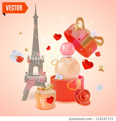 3d France Shopping Travel and Tourism Concept Cartoon Design Style. Vector illustration of Eiffel Tower with Perfume Bottle and Gift Box 3d France Shopping Travel and Tourism Concept Cartoon Design Style. Vector illustration of Eiffel Tower with Perfume Bottle and Gift Box 118187315