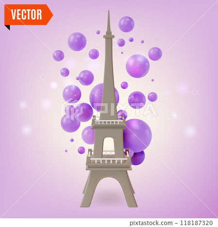 3d France Shopping Travel and Tourism Concept Cartoon Design Style. Vector illustration of Eiffel Tower with Violet Bubbles Floating Around 118187320