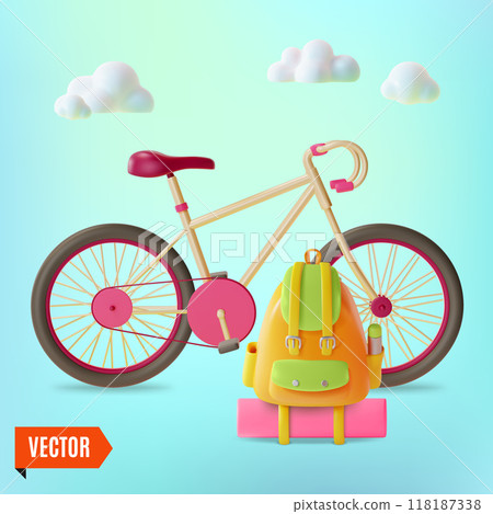 3d Travel and Tourism Active Lifestyle Concept Cartoon Design Style. Vector illustration of Bicycle and Backpack 3d Travel and Tourism Active Lifestyle Concept Cartoon Design Style. Vector illustration of Bicycle and Backpack 118187338