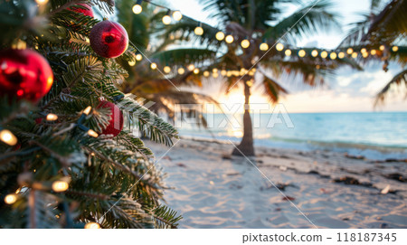 Tropical Christmas Celebration on a Sunset Beach. Holiday Decorations and Palm Trees 118187345