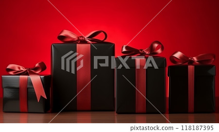 Lots of black gifts on red background, black Friday concept. Holiday shopping, discounts and offers. Boxing Day 118187395