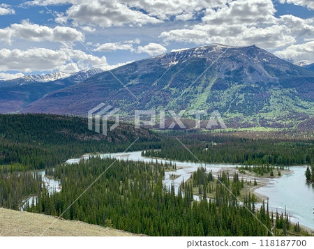 The majestic Jasper mountains and the Athabasca River The majestic Jasper mountains and the Athabasca River 118187700