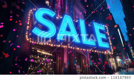 Neon SALE letters in electric blue with sparkling confetti and glowing lights on a dark urban backdrop, creating an exciting Black Friday shopping vibe. Black friday Neon SALE letters in electric blue with sparkling confetti and glowing lights on a dark urban backdrop, creating an exciting Black Friday shopping vibe. Black friday 118187993
