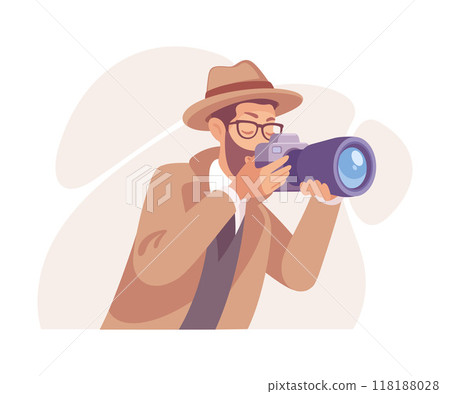 Inspecting Detective Man Character with Camera Investigating Case Vector Illustration 118188028