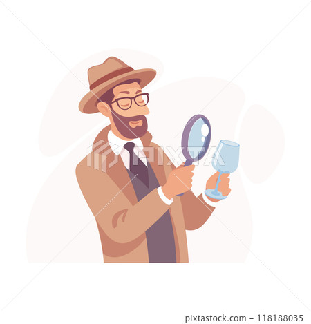 Inspecting Detective Man Character with Magnifier Investigating Case Vector Illustration 118188035