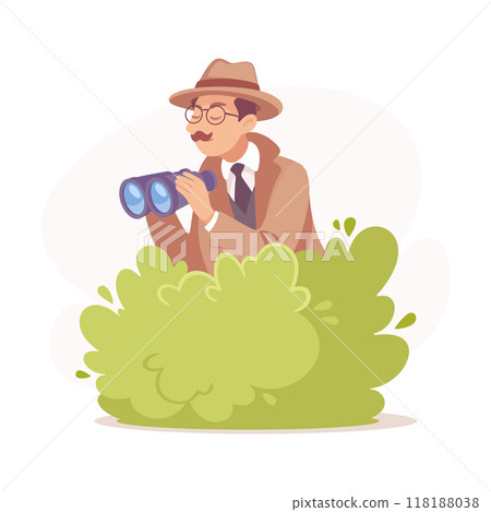 Inspecting Detective Man Character Sit in Bush with Binocular Investigating Case Vector Illustration 118188038