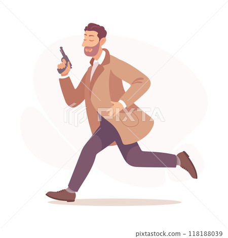 Inspecting Detective Man Character with Pistol Investigating Case Vector Illustration Inspecting Detective Man Character with Pistol Investigating Case Vector Illustration 118188039