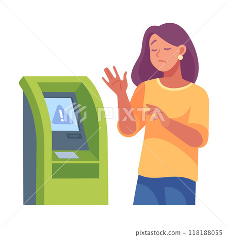 Woman Character at Bank Terminal Cash Withdrawing Vector Illustration Woman Character at Bank Terminal Cash Withdrawing Vector Illustration 118188055