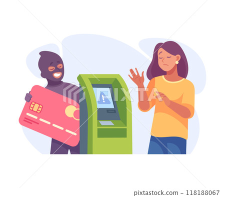 Man Criminal with Credit Card at Bank Terminal Commit Crime and Theft Vector Illustration Man Criminal with Credit Card at Bank Terminal Commit Crime and Theft Vector Illustration 118188067