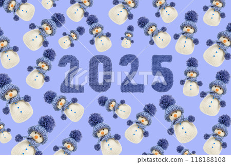 Fabulous Christmas pattern of knitted snowmen and number 2025 on blue background. Winter fairy tale story with your own hands, hobby. Merry Christmas and New Year 2025 greeting card Fabulous Christmas pattern of knitted snowmen and number 2025 on blue background. Winter fairy tale story with your own hands, hobby. Merry Christmas and New Year 2025 greeting card 118188108