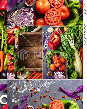 Vegetarian food background and cooking recipes collage design. 118188124