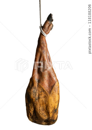 Dry Spanish ham, Jamon Serrano, Bellota, Italian Prosciutto Crudo or Parma ham. Dry Spanish ham, Jamon Serrano, Bellota, Italian Prosciutto Crudo or Parma ham. 118188206