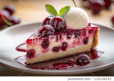 Delicious homemade cherry cake topped with vanilla ice cream on a summer afternoon in a cozy kitchen Delicious homemade cherry cake topped with vanilla ice cream on a summer afternoon in a cozy kitchen 118188293