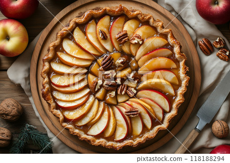 Delicious homemade tarte tatin pie adorned with fresh apples and crunchy nuts on a rustic wooden table Delicious homemade tarte tatin pie adorned with fresh apples and crunchy nuts on a rustic wooden table 118188294