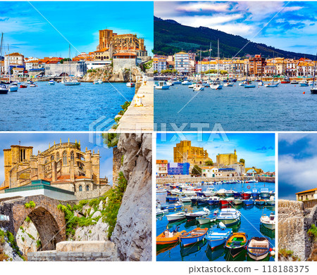 Coastal towns of Spain.Collage design of Castro Urdiales.Cantabria. Coastal towns of Spain.Collage design of Castro Urdiales.Cantabria. 118188375
