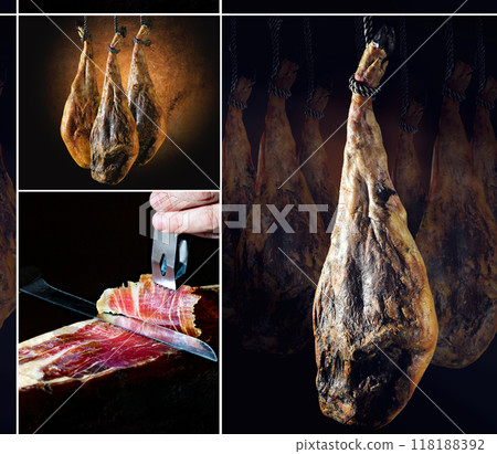 Dry Spanish ham, Jamon Serrano, Bellota, Italian Prosciutto Crudo or Parma ham. Dry Spanish ham, Jamon Serrano, Bellota, Italian Prosciutto Crudo or Parma ham. 118188392
