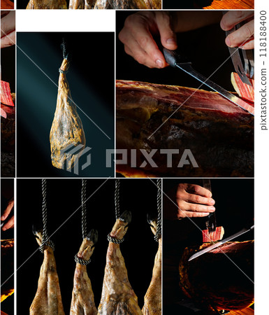 Dry Spanish ham, Jamon Serrano, Bellota, Italian Prosciutto Crudo or Parma ham. 118188400