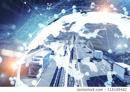 Truck,lorry and transport concept.Self-driving trucks driving on a highway with tracking service technology. Truck,lorry and transport concept.Self-driving trucks driving on a highway with tracking service technology. 118188482