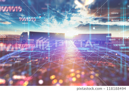 Truck,lorry and transport concept.Background of self-driving trucks driving on a highway with tracking service technology. Truck,lorry and transport concept.Background of self-driving trucks driving on a highway with tracking service technology. 118188494