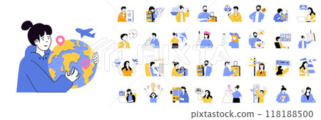 Travel concept mega set with character scenes in flat design for web. Bundle situations with people go in vacation, travelling in global journey, booking tickets, planning trip. Vector illustrations. 118188500