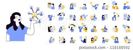 Teamwork concept mega set with character scenes in flat design for web. Bundle situations with people working together at project, supporting colleagues, brainstorming new ideas. Vector illustrations. 118188502