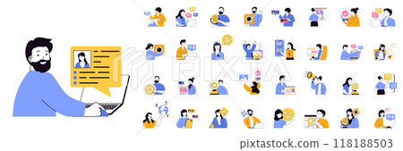 Social network concept mega set with character scenes in flat design for web. Bundle situations with people chatting online with friend, posting new photos, making live streams. Vector illustrations. 118188503