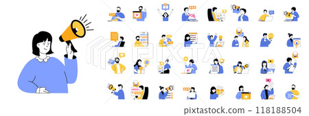 Social media concept mega set with character scenes in flat design for web. Bundle situations with people promote online, watching video, follow live broadcasting, share posts. Vector illustrations. 118188504