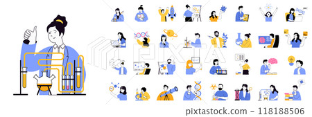 Science lab concept mega set with character scenes in flat design for web. Bundle situations with people make chemical research, learning plants or viruses, work in laboratory. Vector illustrations. 118188506