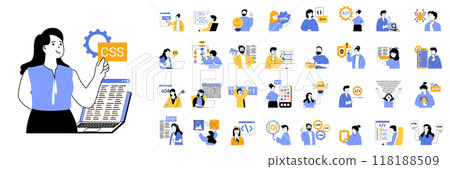 Programming concept mega set with character scenes in flat design for web. Bundle situations with people coding on computer or laptop, creating algorithms, developing programs. Vector illustrations. Programming concept mega set with character scenes in flat design for web. Bundle situations with people coding on computer or laptop, creating algorithms, developing programs. Vector illustrations. 118188509