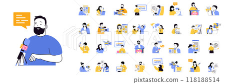 Journalism concept mega set with character scenes in flat design for web. Bundle situations with people talk breaking news, work in tv show, take interview, making reportage. Vector illustrations. 118188514