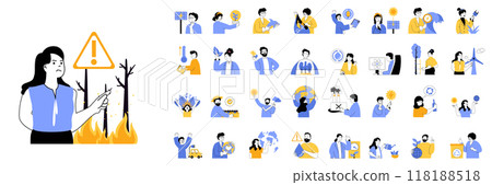 Ecology concept mega set with character scenes in flat design for web. Bundle situations with people stop forest fires, climate changes, using alternative energy, sorting waste. Vector illustrations. 118188518