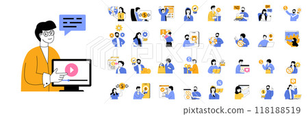 Digital business concept set in flat design for web. Bundle situations with people create content plan, analyzing data, using marketing tools for attracting global clients. Vector illustrations. Digital business concept set in flat design for web. Bundle situations with people create content plan, analyzing data, using marketing tools for attracting global clients. Vector illustrations. 118188519