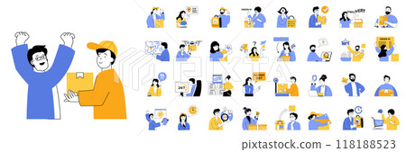 Delivery concept mega set with character scenes in flat design for web. Bundle situations with people get parcel box from courier, ordering shipping gifts, using food delivering. Vector illustrations. 118188523