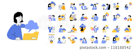 Cloud computing concept mega set with character scenes in flat design for web. Bundle situations with people doing online sync, working with digital files, using cloud storage. Vector illustrations. 118188542