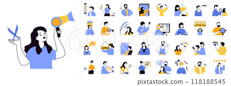 Beauty salon concept mega set with character scenes in flat design for web. Bundle situations with people doing haircuts, skin treatments, beard cut in barbershops, manicure. Vector illustrations. 118188545