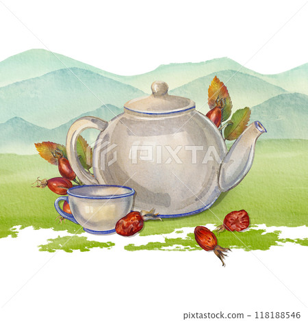 Watercolor of a ceramic teapot and teacups with rosehips and leaves, set against mountain landscape. Illustration vintage white porcelain teapot. Food illustration. Ideal tea-theme, kitchen, design. 118188546